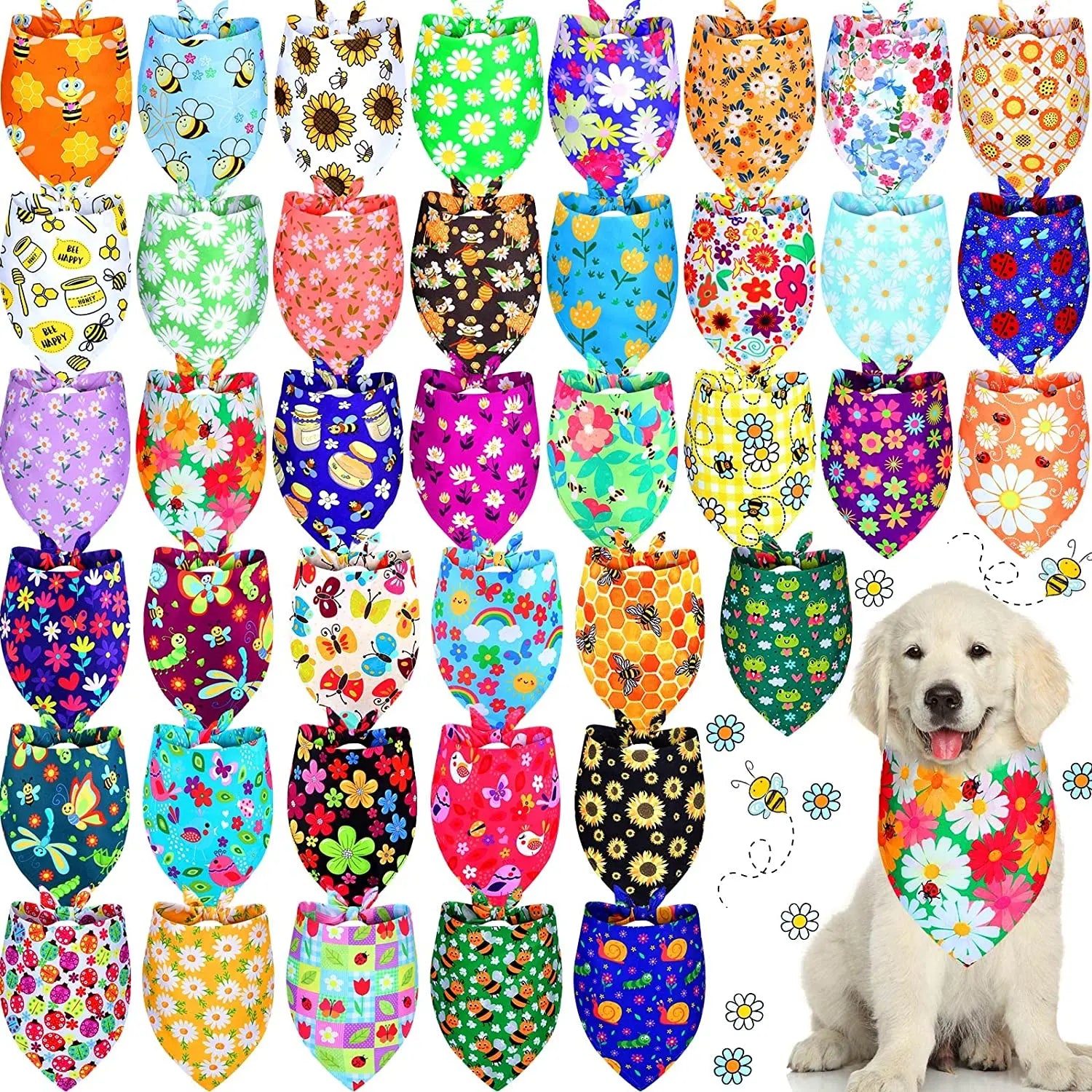 Flower Floral Dog Bandanas Spring Bee Polyester Triangle Dog Scarf